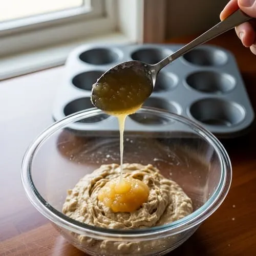 Applesauce being added to muffin batter as a partial butter substitute
