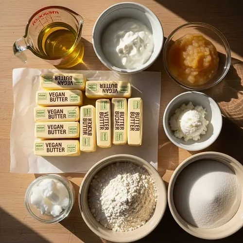 Butter substitutes for baking including oil, vegan butter, yogurt, and applesauce on a counter