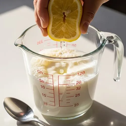 Making a buttermilk substitute with milk and lemon juice in a measuring cup