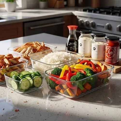 Meal prep components for chicken bowls including cooked chicken, rice, vegetables, and sauces