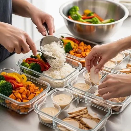 Assembling meal prep bowls with chicken, rice, vegetables, and sauce
