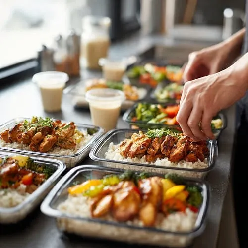 Portioning chicken bowls into meal prep containers with sauce on the side
