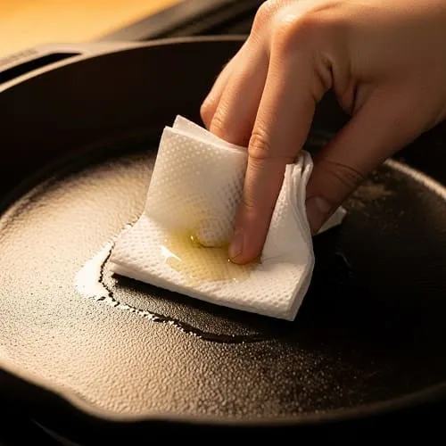 Oiling a cast iron skillet with a paper towel for seasoning