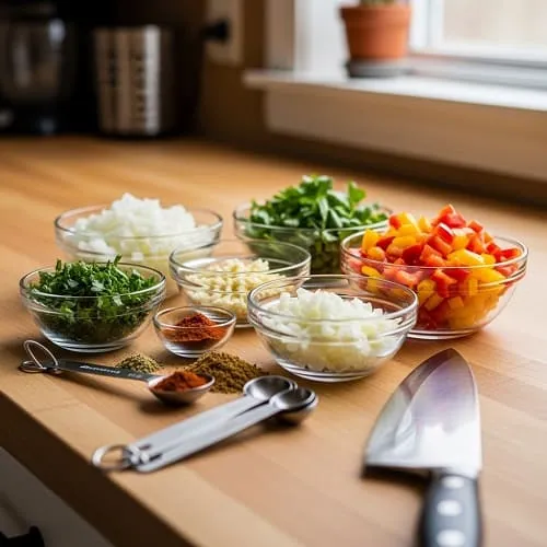 Mise en place with chopped vegetables, spices, and measuring spoons on a kitchen counter