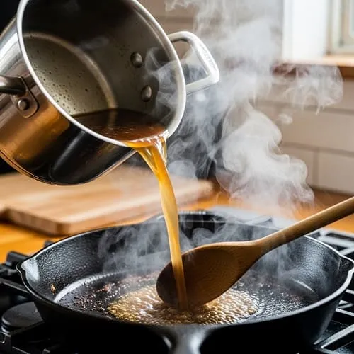 Deglazing a skillet with broth to make a quick pan sauce