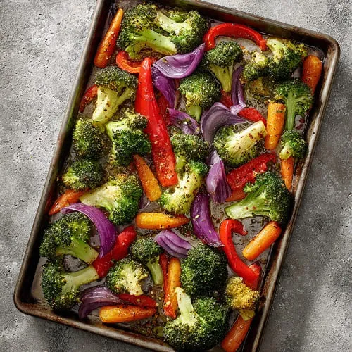 Roasted vegetables on a sheet pan with caramelized edges