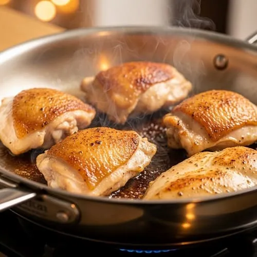 Chicken searing in a hot skillet with golden-brown crust forming