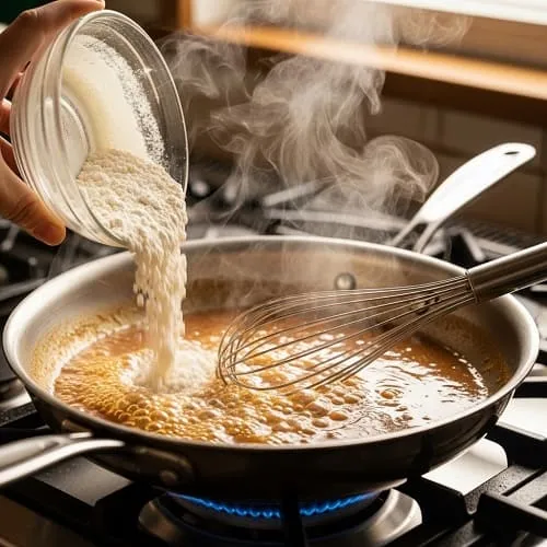 Whisking a flour slurry into a simmering sauce to thicken it