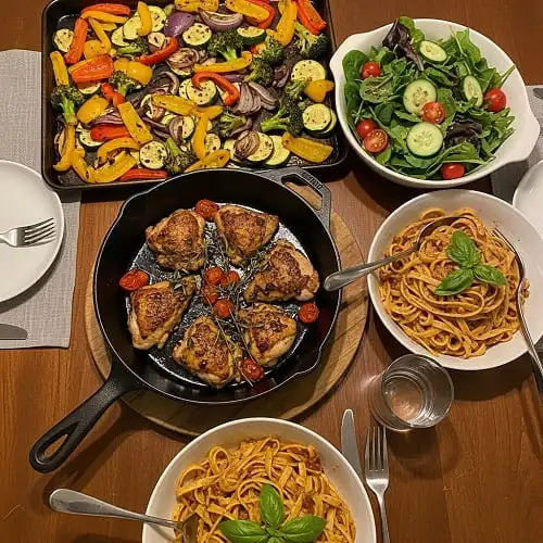 A weeknight dinner spread with skillet chicken, pasta, salad, and sheet-pan vegetables