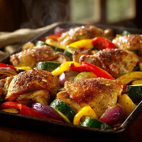 Sheet-pan chicken and vegetables roasting in the oven for a quick weeknight dinner