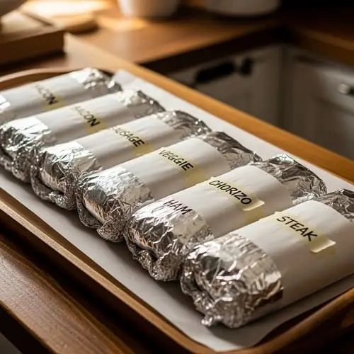 Freezer breakfast burritos wrapped and labeled for weekly meal prep