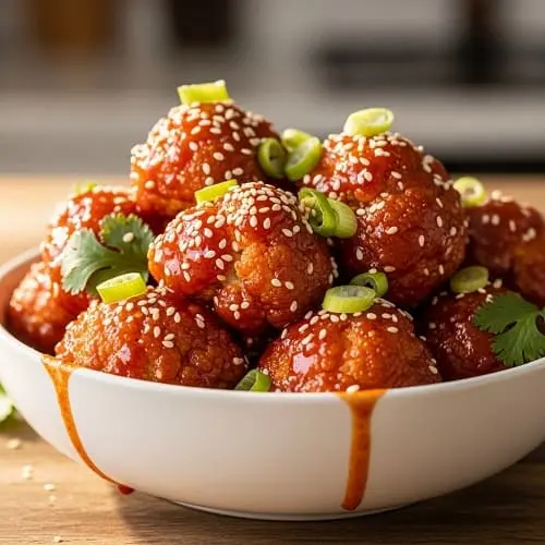 Crispy gochujang cauliflower wings in a bowl with sesame seeds and green onions