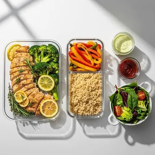 Healthy meal prep building blocks laid out: chicken, roasted vegetables, quinoa, greens, and sauces