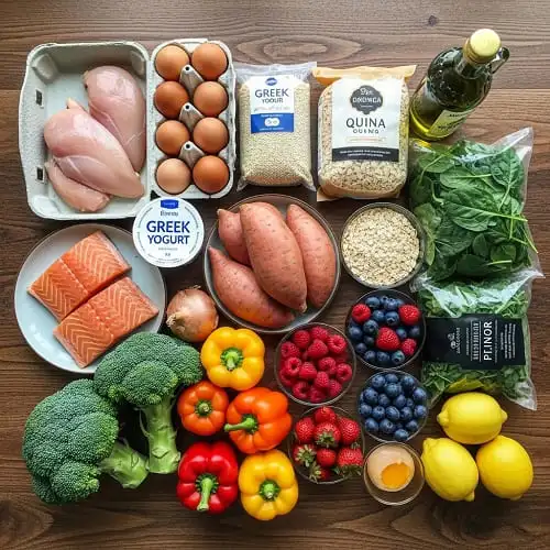 Healthy meal prep grocery list with lean proteins, vegetables, and whole grains