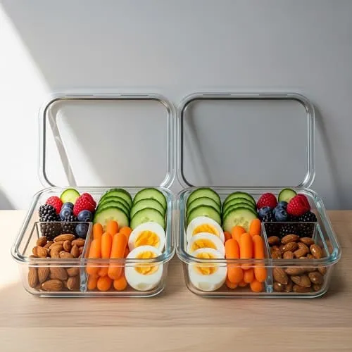 Healthy snack boxes for meal prep with eggs, vegetables, fruit, and nuts