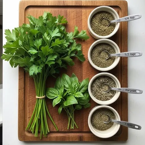 Fresh herbs next to dried herbs with measuring spoons for substitution