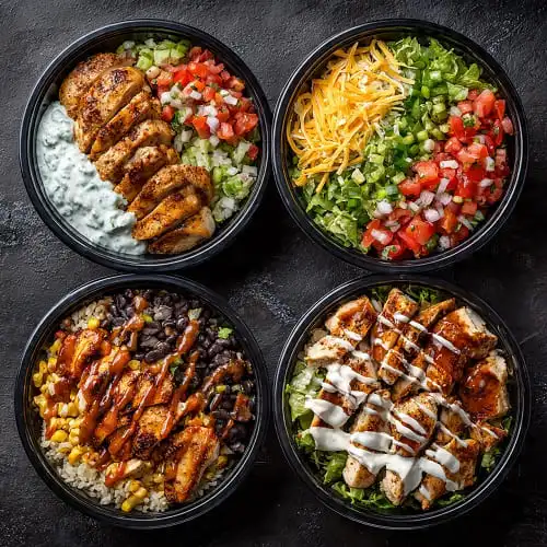 Four flavor variations of high protein chicken meal prep bowls