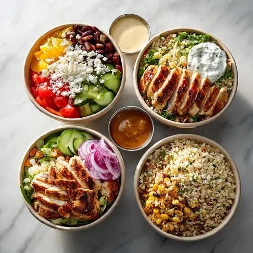 High protein chicken meal prep bowls with rice, vegetables, and sauces