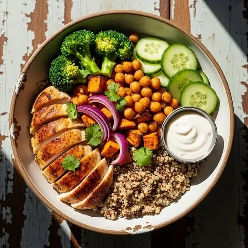 High-protein chicken quinoa bowl with vegetables and sauce