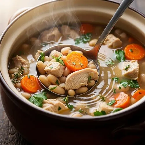 Chicken and white bean soup in a pot for a high-protein easy meal