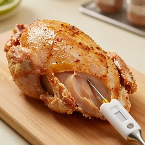 Checking chicken temperature with an instant-read thermometer for juicy results