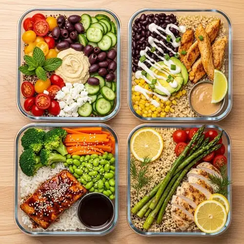 Four healthy high-protein meal prep bowls with different flavors and toppings
