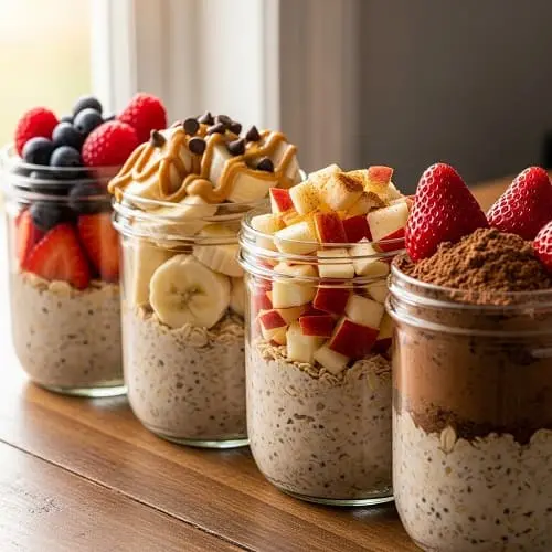 High-protein overnight oats jars with different toppings for meal prep