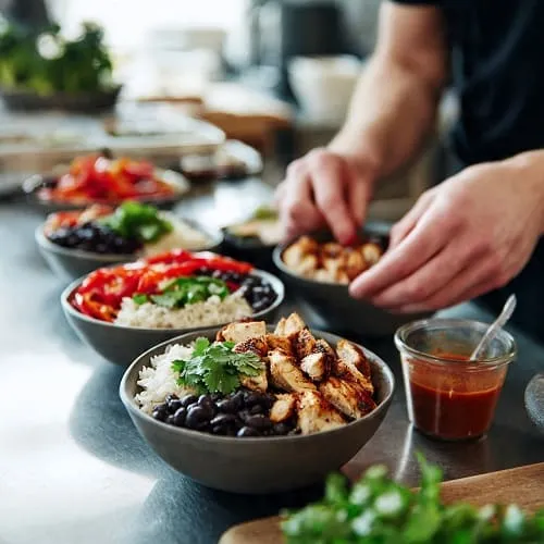 Assembling a high-protein chicken bowl with rice, beans, vegetables, and sauce