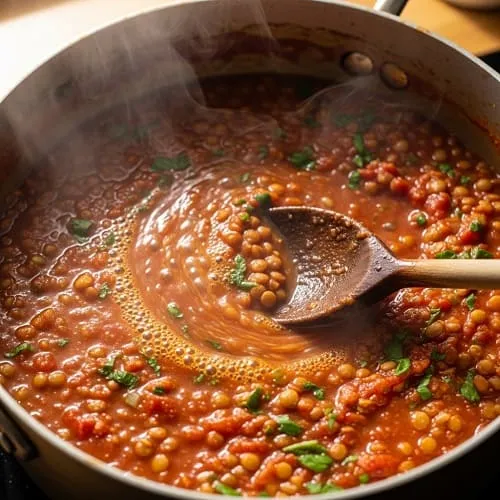 Lentil bolognese sauce simmering in a pot for a high-protein vegetarian meal