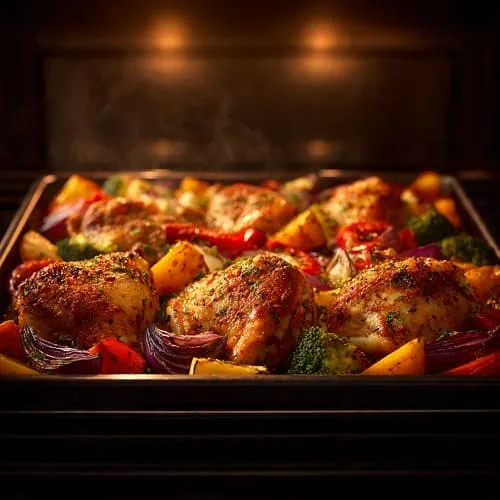 Sheet pan chicken and vegetables roasting for high-protein meal prep
