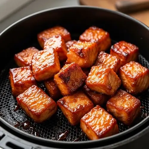 Honey sriracha glazed salmon bites cooked in an air fryer basket