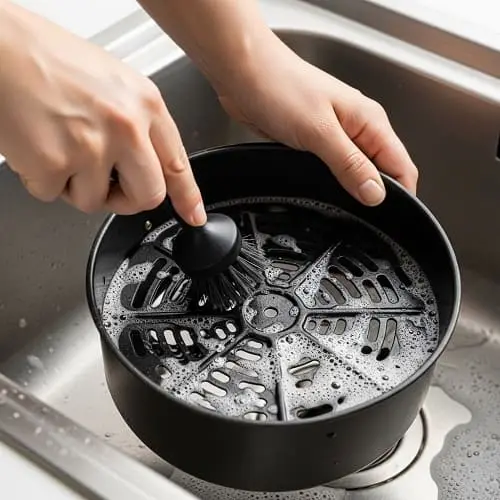 Cleaning an air fryer basket with warm soapy water and a soft brush