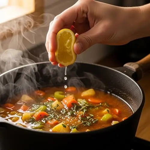 Squeezing lemon into a pot of soup to brighten flavor