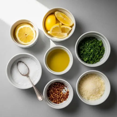 Small bowls of salt, lemon wedges, olive oil, herbs, and chili flakes used to boost flavor