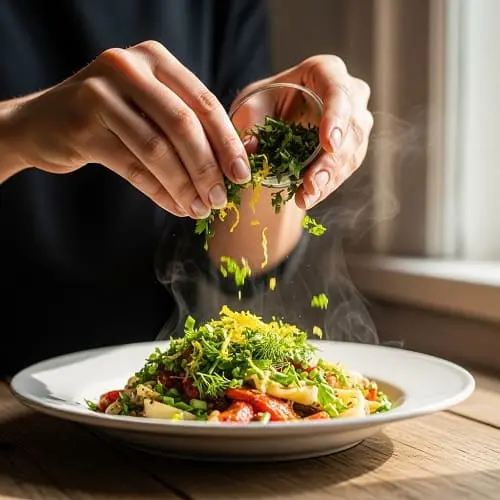Adding fresh herbs and lemon zest to finish a cooked dish