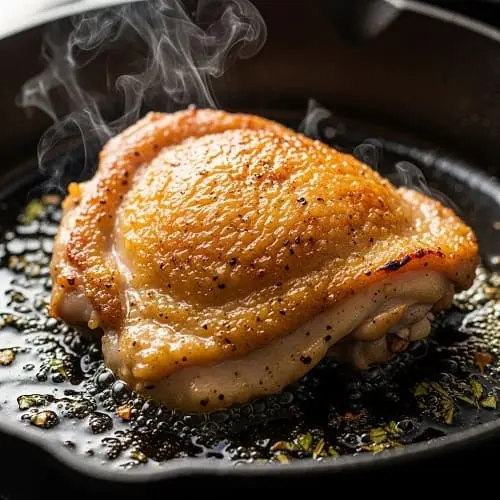 Browning chicken in a cast iron skillet for deeper flavor