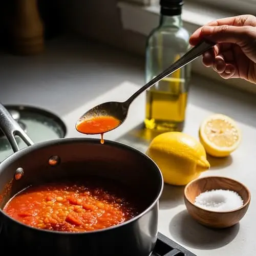 Cook tasting a sauce with a spoon next to lemon, salt, and olive oil on the counter