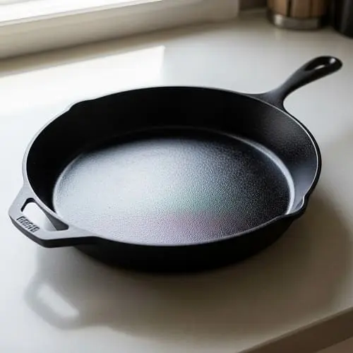 Well-seasoned cast iron skillet with dark smooth surface on a kitchen counter