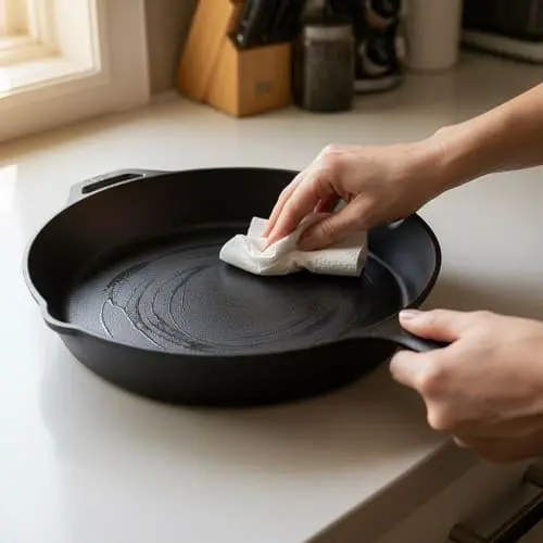 Wiping a very thin layer of oil onto a cast iron skillet before oven seasoning