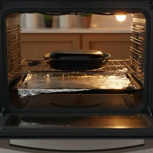 Cast iron skillet placed upside down on oven rack for seasoning