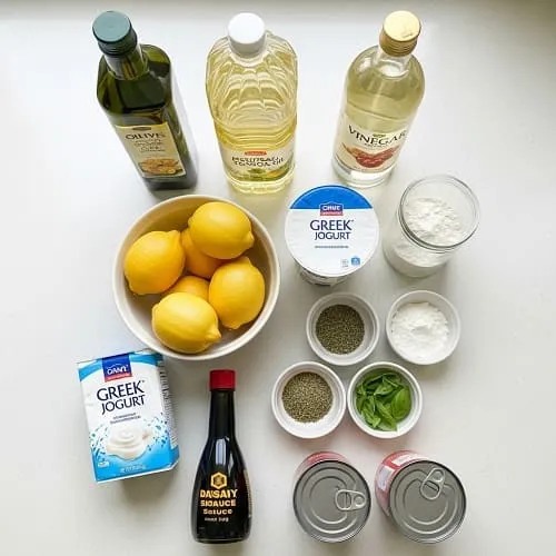 Pantry staples for ingredient substitutes including oils, vinegar, yogurt, flour, and spices