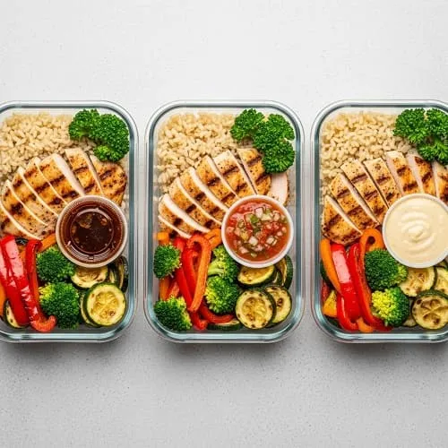 Meal prep chicken bowls with rice, roasted vegetables, and sauces