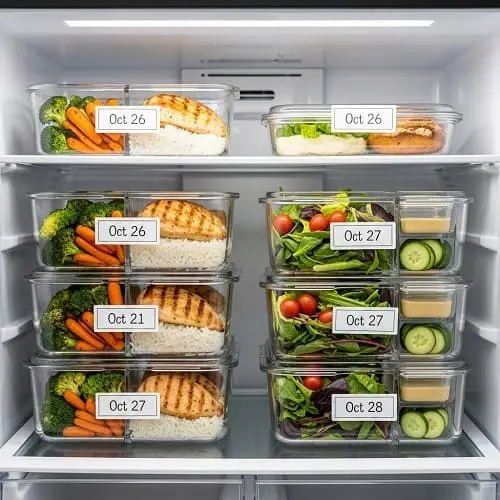 Labeled meal prep containers organized on a refrigerator shelf