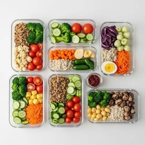 Weekly meal prep containers with proteins, grains, vegetables, and sauces