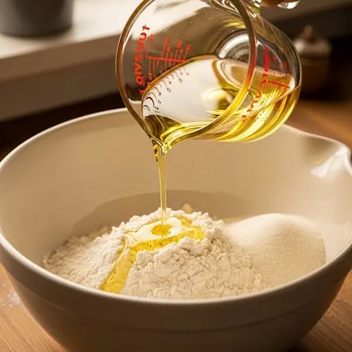 Measuring neutral oil as a substitute for butter in a baking bowl