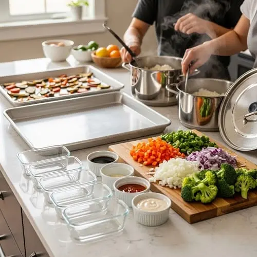 One-hour meal prep setup with sheet pans, rice, sauces, and containers