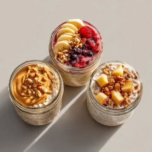 Three jars of high protein overnight oats with different toppings