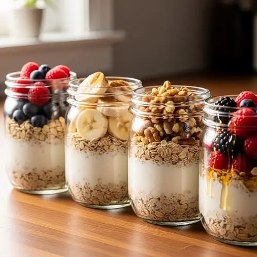 Mason jars of overnight oats with berries and nuts for meal prep