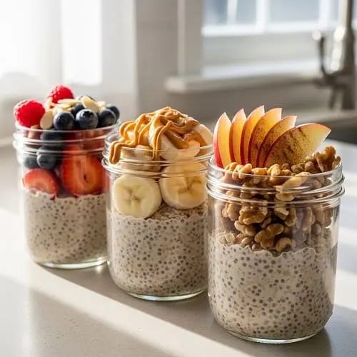 Overnight oats meal prep jars with different toppings