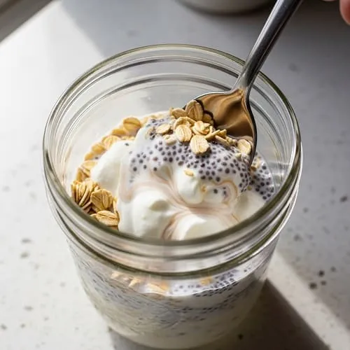 Mixing oats, Greek yogurt, milk, and chia seeds in a mason jar